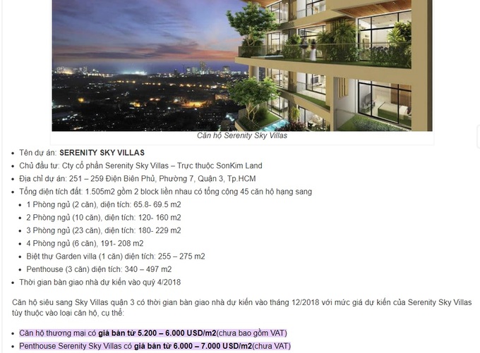 Giá căn hộ tại Serenity Sky Villas được rao bán trên mạng xã hội có giá hàng trăm triệu mỗi mét vuông.