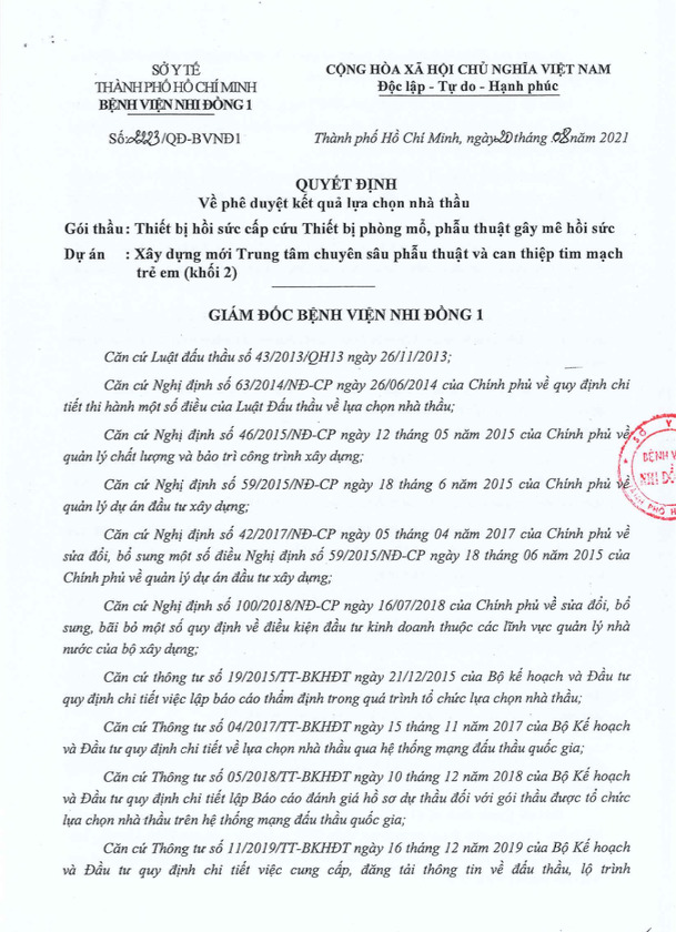 Quyết định phê duyệt kết quả lựa chọn nhà thầu Gói thầu: Thiết bị hồi sức cấp cứu Thiết bị phòng mổ, phẫu thuật gây mê hồi sức Thuộc dự án: Xây dựng mới Trung tâm chuyên sâu phẫu thuật và can thiệp tim mạch trẻ em (khối 2)