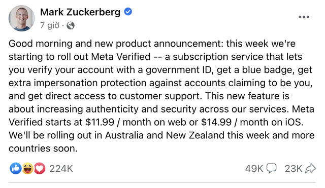 CEO Meta Mark Zuckerberg tuyên bố bán tích xanh Facebook. Ảnh: VTV