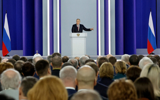 Tổng thống Nga Vladimir Putin trong bài phát biểu thường niên trước Quốc hội Nga ở Moscow, Nga ngày 21/2. Ảnh: Reuters