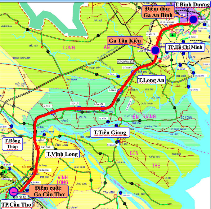 Bản đồ hướng tuyến dự án đường sắt Tp.HCM - Cần Thơ.