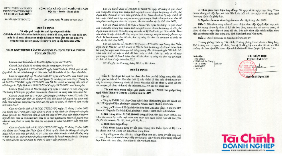 Quyết định phê duyệt kết quả lựa chọn nhà thầu cho gói thầu Mua sắm thiết bị máy tính để bàn, máy tính xách tay, máy in và máy photocopy thuộc kế hoạch Mua sắm tài sản phục vụ công tác cho các cơ quan, tổ chức đơn vụ cấp tỉnh năm 2022.