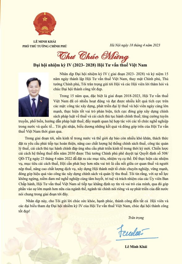 Phó thủ tướng Lê Minh Khái chúc mừng Đại hội nhiệm kỳ IV Hội Tư vấn thuế Việt Nam.