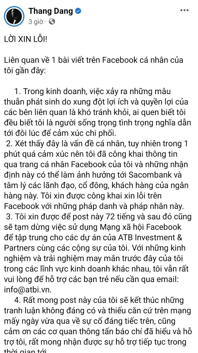 Ông Đặng Tất Thắng, cựu Chủ tịch FLC công khai xin lỗi Chủ tịch Sacombank trên trang Facebook cá nhân.