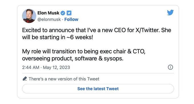 Elon Musk thông báo trên Twitter đã tìm được CEO mới cho công ty mạng xã hội này.