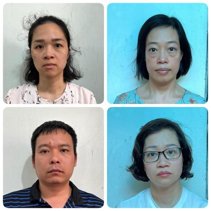 Các bị can (từ trái sang phải, từ trên xuống dưới): Nguyễn Nhật Linh; Đỗ Thị Hoa; Nguyễn Quý Khái; Bùi Thị Mai Hương.