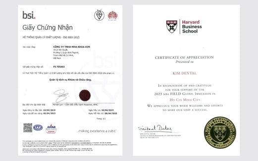 Nha Khoa Kim đạt được chứng nhận Tiêu chuẩn quản lý chất lượng quốc tế ISO 9001:2015 và là đối tác toàn cầu của Harvard Business School