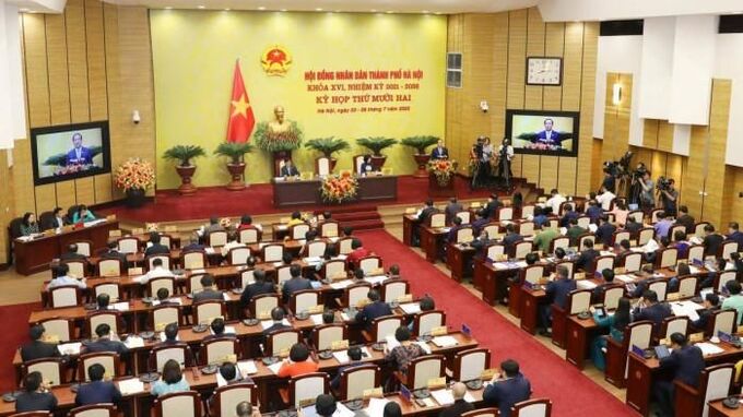 Quang cảnh phiên khai mạc kỳ họp thứ 12 của HĐND TP Hà Nội khóa XVI, nhiệm kỳ 2021 - 2026. (Ảnh: Phùng Đô/BGT)