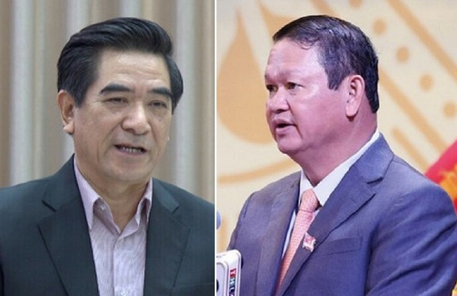 Bị can Doãn Văn Hưởng, cựu Chủ tịch UBND tỉnh Lào Cai (trái) và bị can Nguyễn Văn Vịnh (phải), cựu Bí thư Tỉnh ủy Lào Cai.