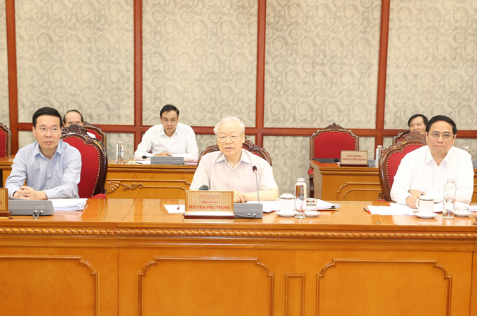 Tổng Bí thư Nguyễn Phú Trọng đã chủ trì cuộc họp Bộ Chính trị, Ban Bí thư cho ý kiến về Báo cáo tình hình kinh tế - xã hội 6 tháng đầu năm, nhiệm vụ, giải pháp 6 tháng cuối năm 2023. (Ảnh: TTXVN)