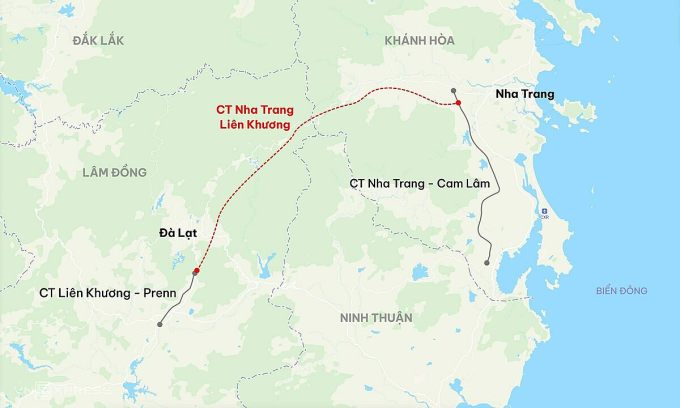 Hướng tuyến cao tốc Nha Trang - Liên Khương. (Đồ hoạ: Đăng Hiếu/VNe)