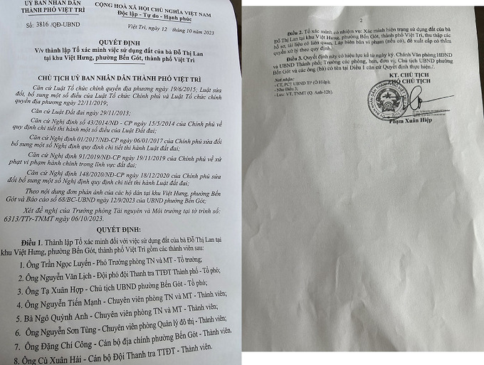 UBND TP Việt Trì đã ban hành quyết định thành lập “Tổ xác minh việc sử dụng đất của bà Đỗ Thị Lan tại khu Việt Hưng, phường Bến Gót, TP Việt Trì”.