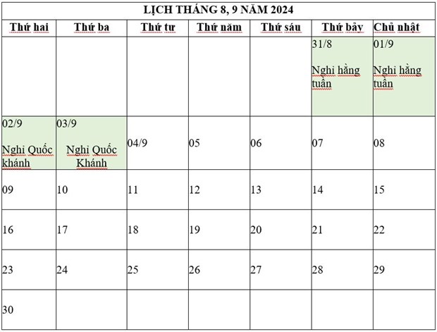 Lịch nghỉ lễ Quốc khánh 2024.