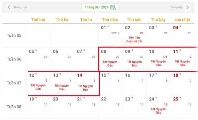 Lịch nghỉ Tết Nguyên đán Giáp Thìn 2024 kéo dài 7 ngày.