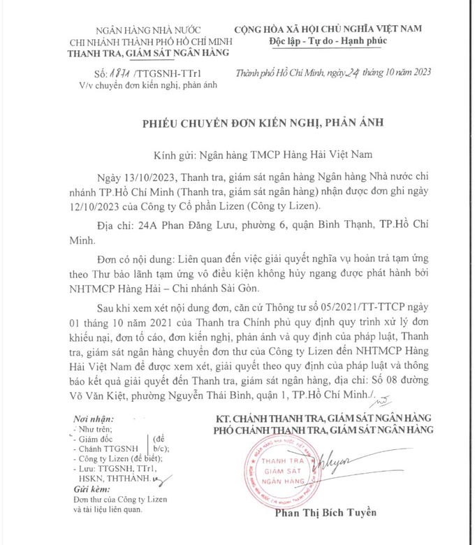 Phía Ngân hàng Nhà nước - Chi nhánh Tp.HCM đã có văn bản gửi Ngân hàng TMCP Hàng Hải Việt Nam xem xét giải quyết