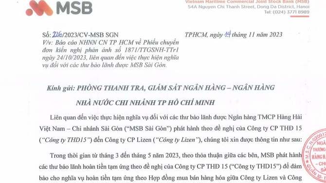 MSB Sài Gòn khẳng định chịu trách nhiệm với các thư bảo lãnh đã phát hành
