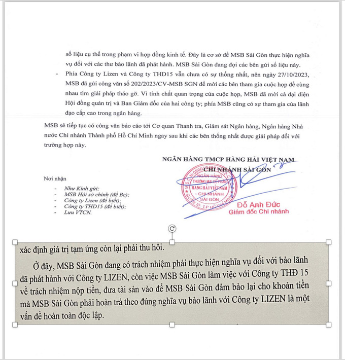 Công ty Lizen cho rằng, MSB Sài Gòn phải thực hiện nghĩa vụ đối với bảo lãnh đã phát hành, còn trác nhiệm nộp tiền, đưa tài sản vào để đảm bảo khoản tiền hoàn trả theo đúng nghĩa vụ bảo lãnh đó là chuyện giữa MSB Sài Gòn và THĐ 15