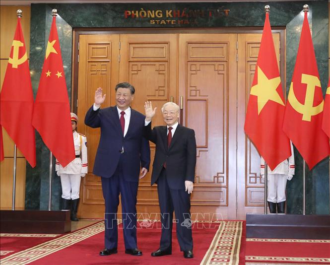 Tổng bí thư Nguyễn Phú Trọng và Tổng bí thư, Chủ tịch nước Trung Quốc Tập Cận Bình. (Ảnh: TTXVN)
