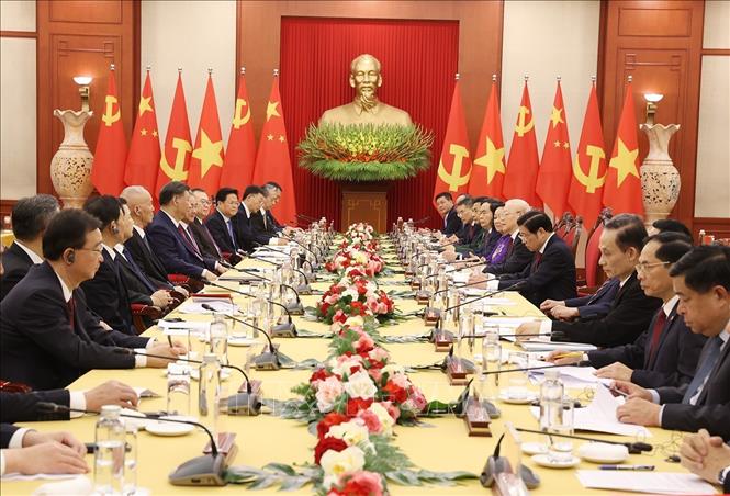 Tổng bí thư Nguyễn Phú Trọng và Tổng bí thư, Chủ tịch nước Trung Quốc Tập Cận Bình tiến hành Hội đàm. (Ảnh: TTXVN)