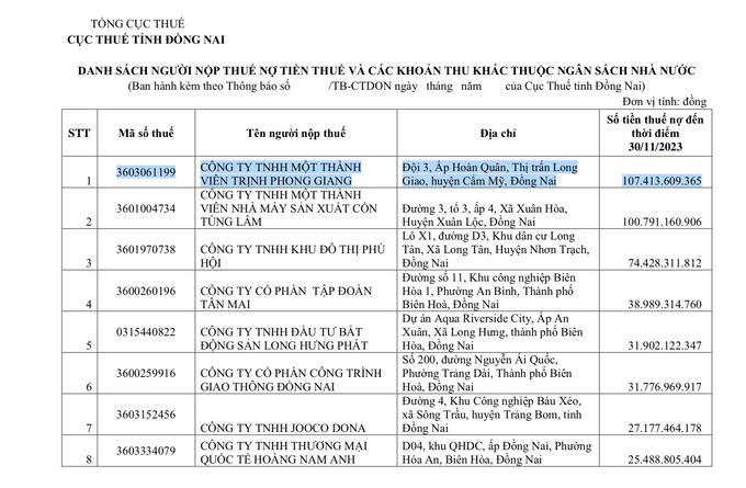 Công ty TNHH MTV Trịnh Phong Giang dẫn đầu danh sách nợ thuế