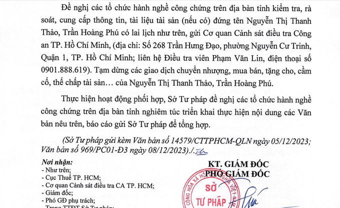 Tạm dừng các giao dịch chuyển nhượng, mua bán, tặng cho, cầm cố, thế chấp tài sản... của Nguyễn Thị Thanh Thảo, Trần Hoàng Phú