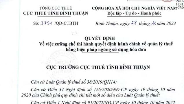 Quyết định của Cục Thuế tỉnh Bình Thuận