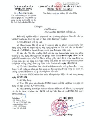 Văn bản chỉ đạo của UBND tỉnh Lâm Đồng về vi phạm trật tự xây dựng tại sân golf Đồi Cù.