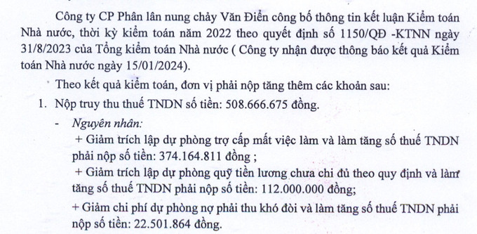 Phân lân nung chảy Văn Điển bị truy thu hơn nửa tỷ đồng tiền thuế.