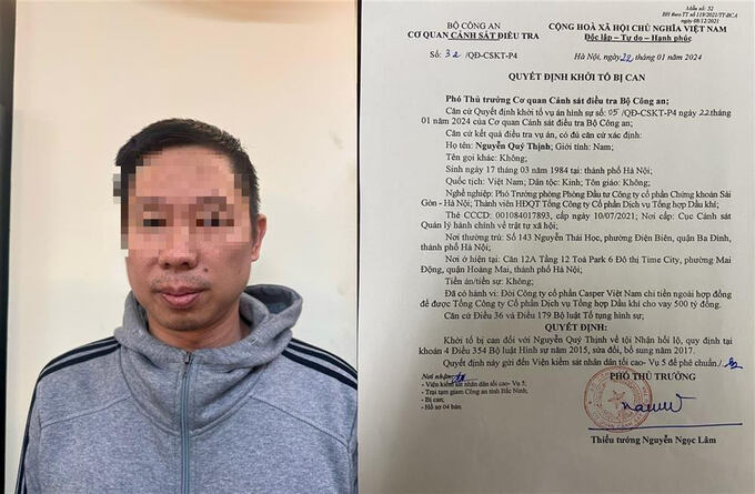 Bị can Nguyễn Quý Thịnh cùng quyết định khởi tố vụ án. (Ảnh: Bộ Công an).
