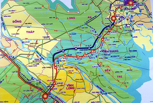 Sơ đồ hướng tuyến đường sắt cao tốc Tp. HCM - Cần Thơ (màu đỏ) dài trên 173 km.