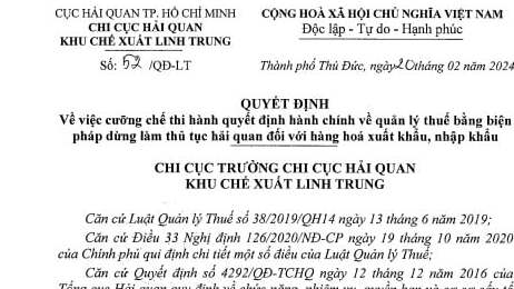 Quyết định cưỡng chế thuế bằng biện pháp dừng làm thủ tục hải quan đối với Công Ty TNHH một thành viên Thương mại Dịch vụ Phú Sang