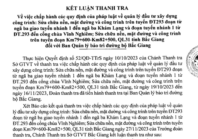 Kết luận của Thanh tra Sở GTVT Bắc Giang.