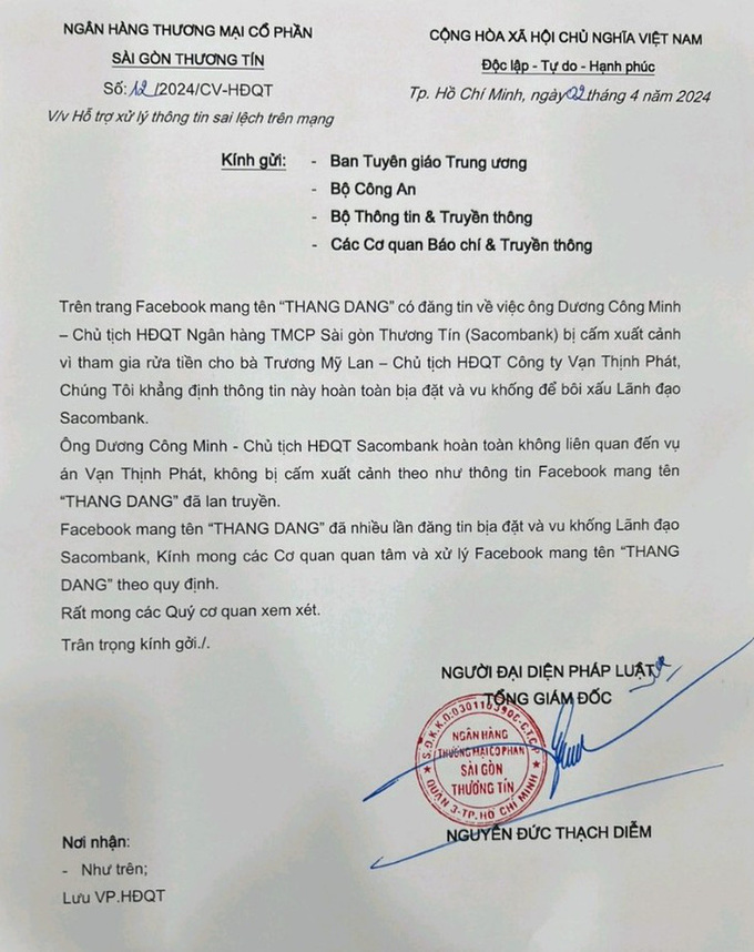 Văn bản của Sacombank khẳng định facebook THANG DANG đăng thông tin bịa đặt