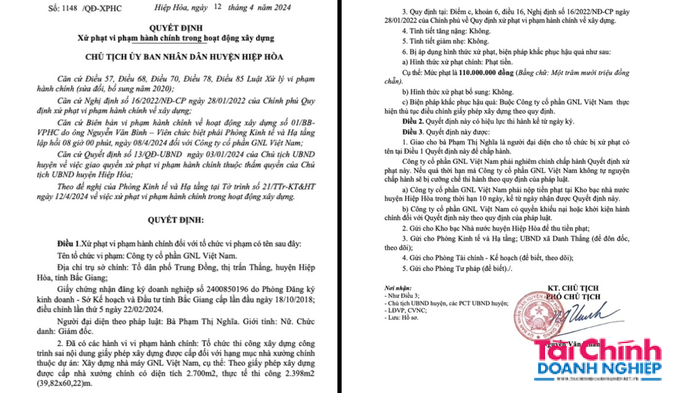 Công ty GNL Việt Nam bị phạt 110 triệu đồng do xây dựng sai phép.