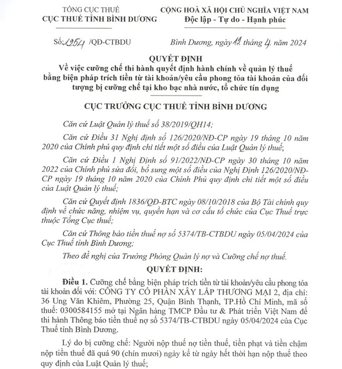 Quyết định của Cục Thuế tỉnh Bình Dương đối với Công ty cổ phần xây lắp thương mại 2
