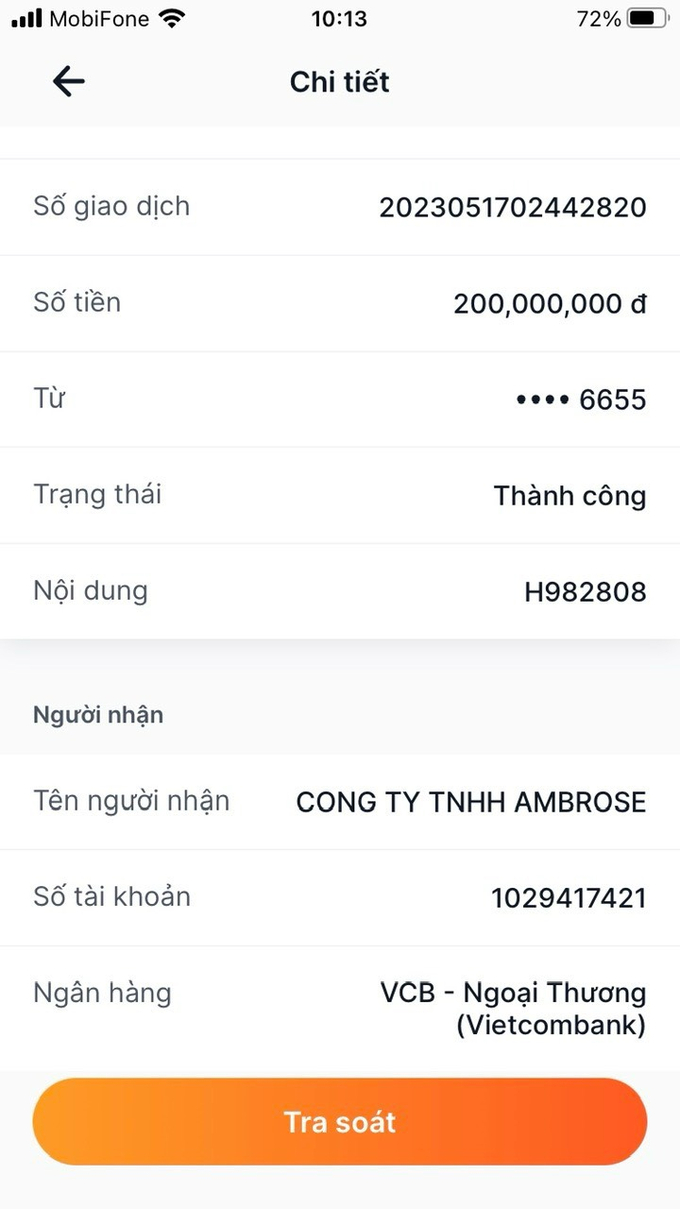 Anh Hiệp nạp 20.000 USD vào số tài khoản của sàn cung cấp.