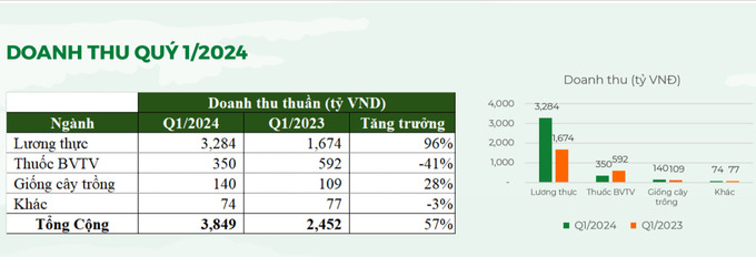 Bảng, đồ thị thống kê doanh thu quý I/2024 của Tập đoàn Lộc Trời