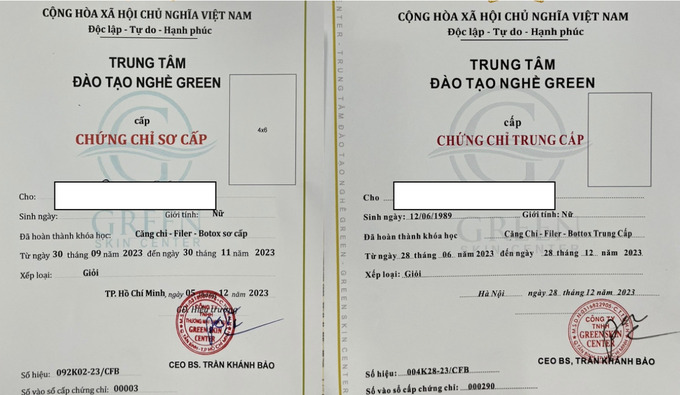 Hình ảnh mẫu Chứng chỉ tham gia khóa học do Công ty TNHH TM DV Green Skin Center và Công ty TNHH Green Skin Center cấp học viên (14/05/2024) (ảnh Sở Y tế Tp.HCM).