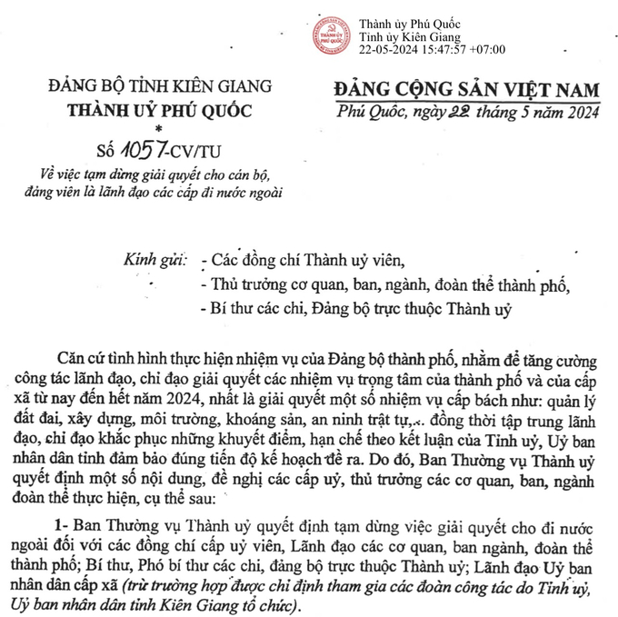 Công văn của Thành ủy Tp.Phú Quốc về việc tạm dừng giải quyết cho cán bộ, đảng viên là lãnh đạo các cấp đi nước ngoài.