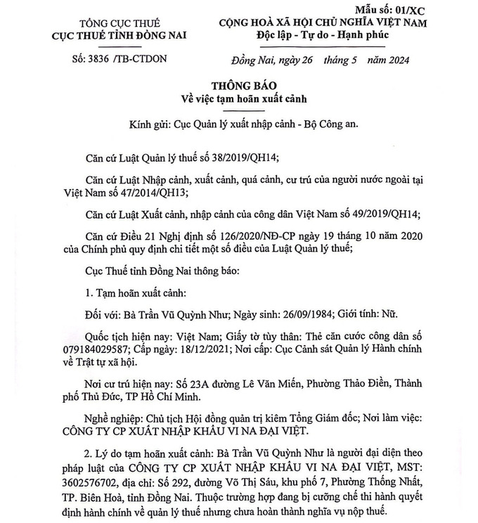 bà Trần Vũ Quỳnh Như - Chủ tịch HĐQT kiêm Tổng Giám đốc Công ty Cổ phần Xuất nhập khẩu Vina Đại Việt bị tạm hoãn xuất cảnh.