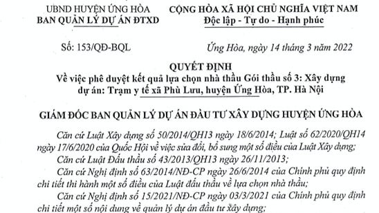Quyết định phê duyệt Gói thầu số 3: Xây dựng Dự án: Trạm y tế xã Phù Lưu, huyện Ứng Hòa, Tp.Hà Nội.