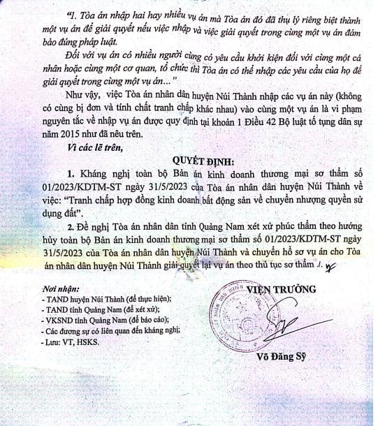 Viện trưởng Viện KSND huyện Núi Thành kháng nghị hủy Bản án sơ thẩm của TAND huyện Núi Thành