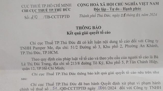 Văn bản thông báo đến bà Trang về việc đã xử phạt vi phạm hành chính về thuế đối với công ty TNHH Pamper Me.