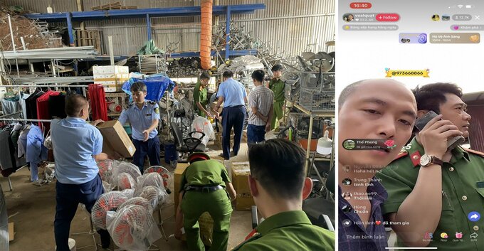 Lực lượng chức năng kiểm tra quạt điện tại cơ sở sản xuất của Tiktoker vua quạt ở Bắc Ninh thu giữ hàng hóa có dấu hiệu vi phạm. (Ảnh chụp màn hình)