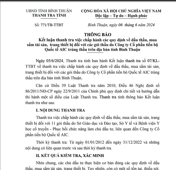 Kết luận Thanh tra các gói thầu liên quan Công ty AIC tại Bình Thuận.