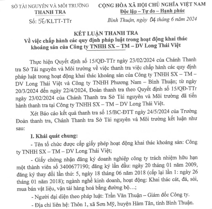 Kết luận thanh tra số 56/KLTT-TTr ngày 4/6/2024, về việc chấp hành các quy định pháp luật trong hoạt động khai thác khoán sản của Công ty TNHH Sản xuất Thương mai Dịch vụ Long Thái Việt.