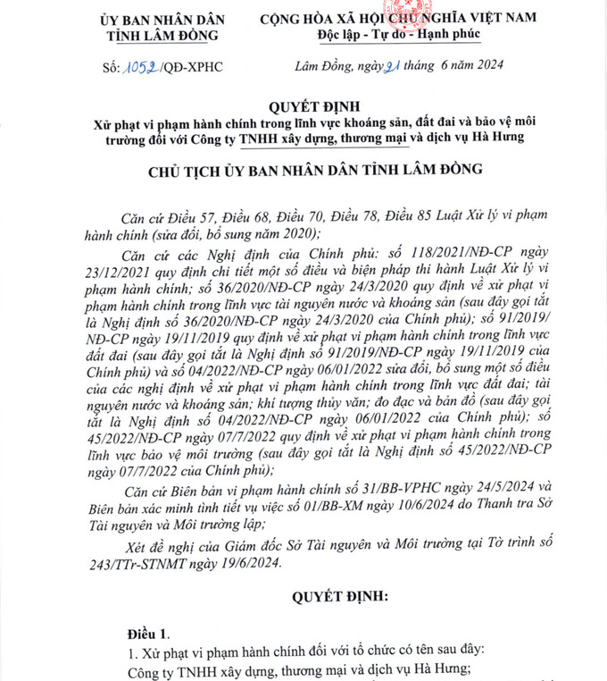 Quyết định xử phạt hành chính đối với Công ty TNHH xây dựng, thương mại và dịch vụ Hà Hưng.