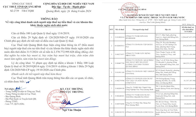 Thông báo của Cục Thuế tỉnh Quảng Bình.