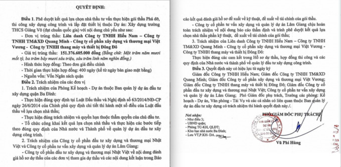 Công ty Việt Vương trúng gói thầu với vai trò liên danh, tiết kiệm khoảng 0,1% cho ngân sách nhà nước.