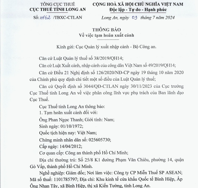 Thông báo về việc tạm hoãn xuất cảnh đối ông Phan Ngọc Thanh - Giám đốc Công ty Cổ phần Miễn Thuế SP ASEAN.